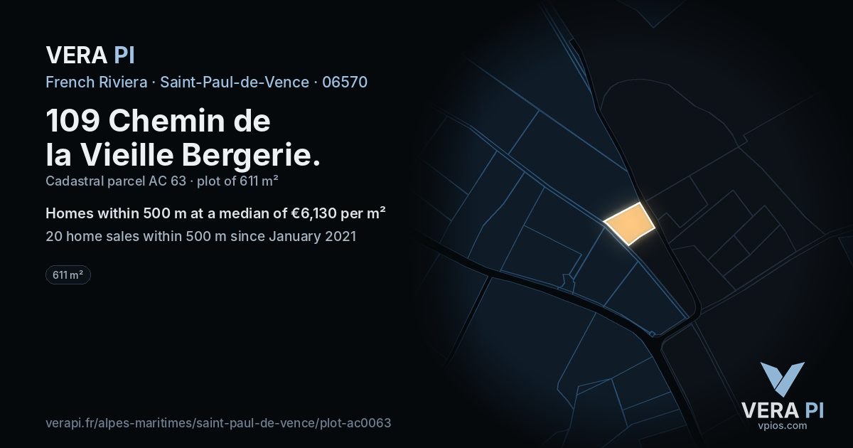 109 Chemin de la Vieille Bergerie, Saint-Paul-de-Vence at night – the plot lit, the parcels around coloured by the prices near them