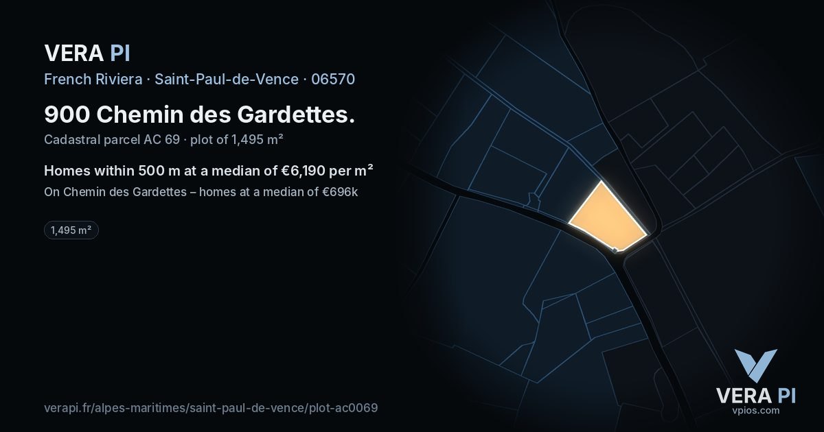 900 Chemin des Gardettes, Saint-Paul-de-Vence at night – the plot lit, the parcels around coloured by the prices near them