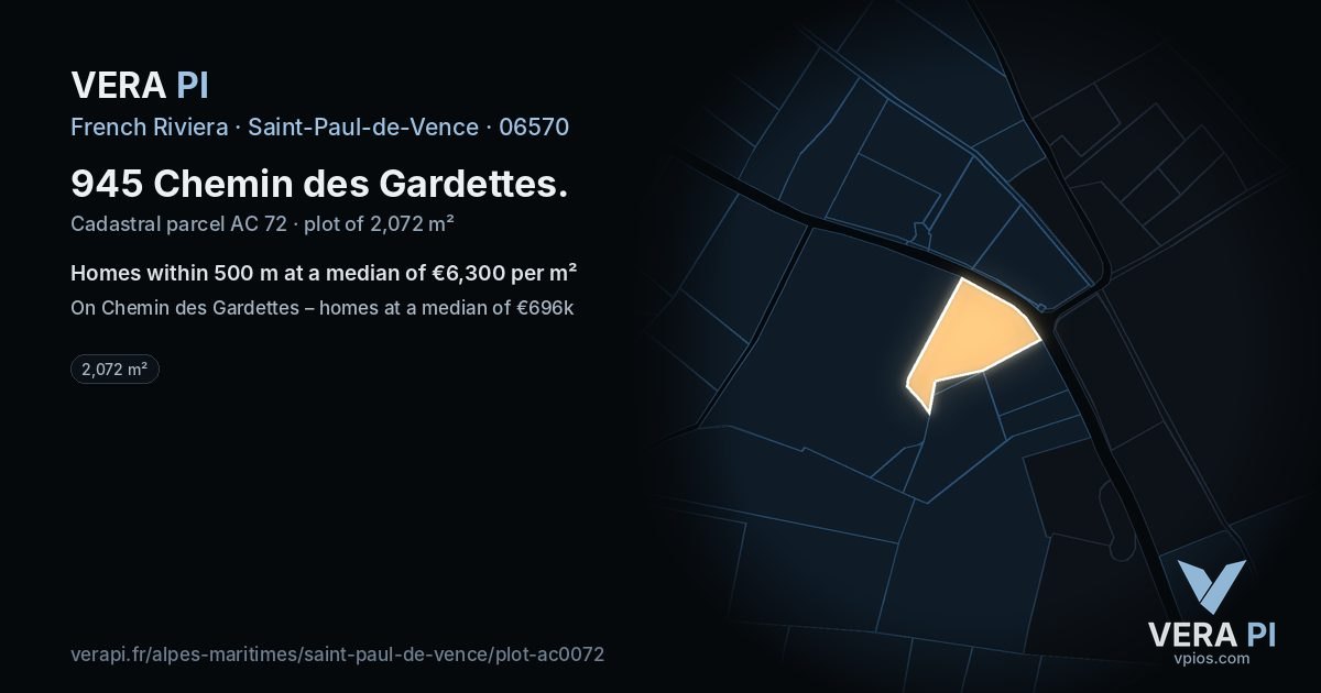 945 Chemin des Gardettes, Saint-Paul-de-Vence at night – the plot lit, the parcels around coloured by the prices near them
