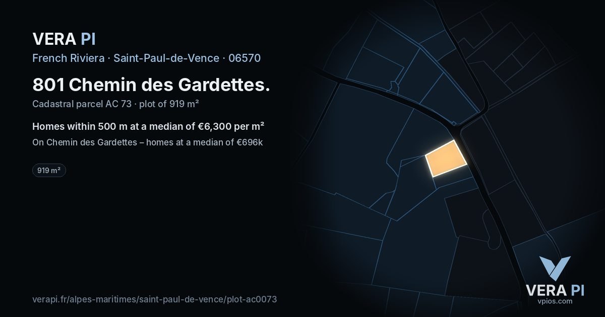 801 Chemin des Gardettes, Saint-Paul-de-Vence at night – the plot lit, the parcels around coloured by the prices near them