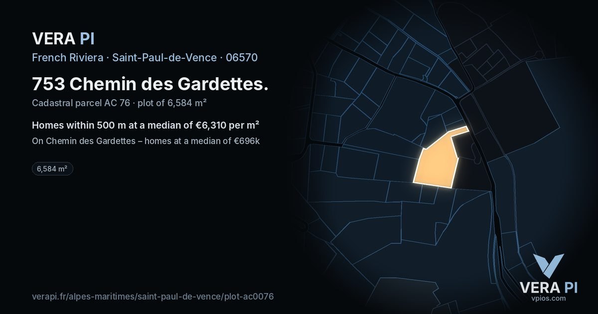 753 Chemin des Gardettes, Saint-Paul-de-Vence at night – the plot lit, the parcels around coloured by the prices near them