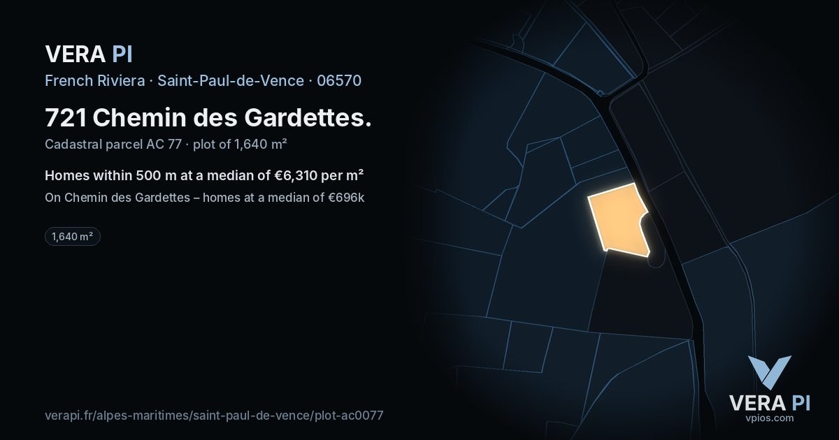 721 Chemin des Gardettes, Saint-Paul-de-Vence at night – the plot lit, the parcels around coloured by the prices near them