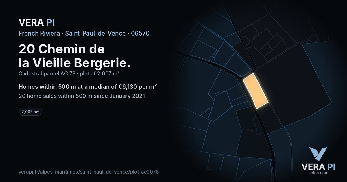 20 Chemin de la Vieille Bergerie, Saint-Paul-de-Vence at night – the plot lit, the parcels around coloured by the prices near them