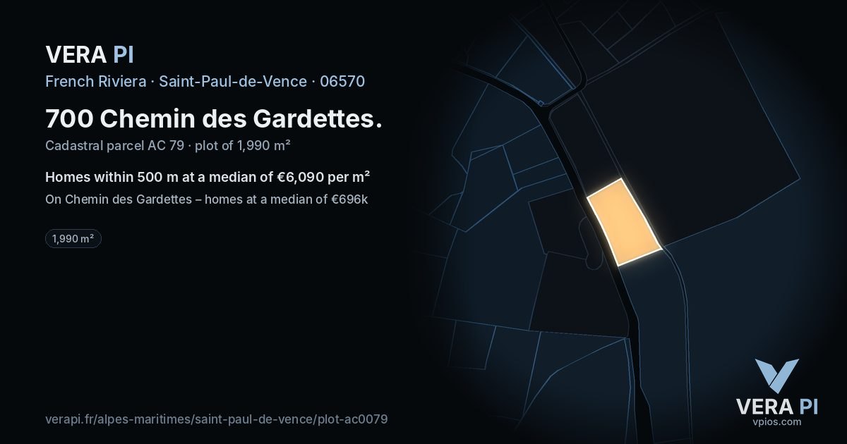 700 Chemin des Gardettes, Saint-Paul-de-Vence at night – the plot lit, the parcels around coloured by the prices near them