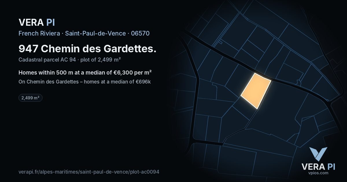 947 Chemin des Gardettes, Saint-Paul-de-Vence at night – the plot lit, the parcels around coloured by the prices near them