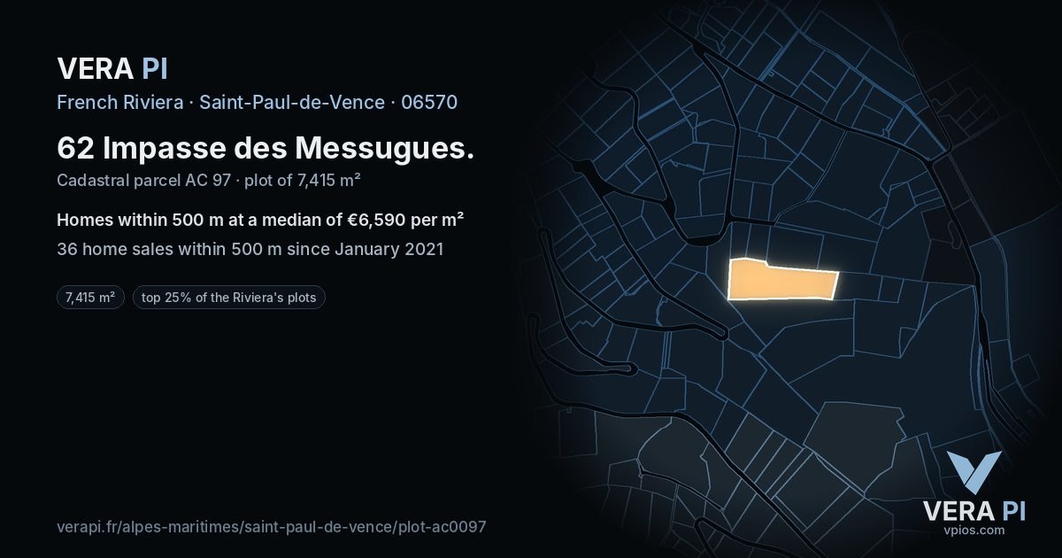 62 Impasse des Messugues, Saint-Paul-de-Vence at night – the plot lit, the parcels around coloured by the prices near them