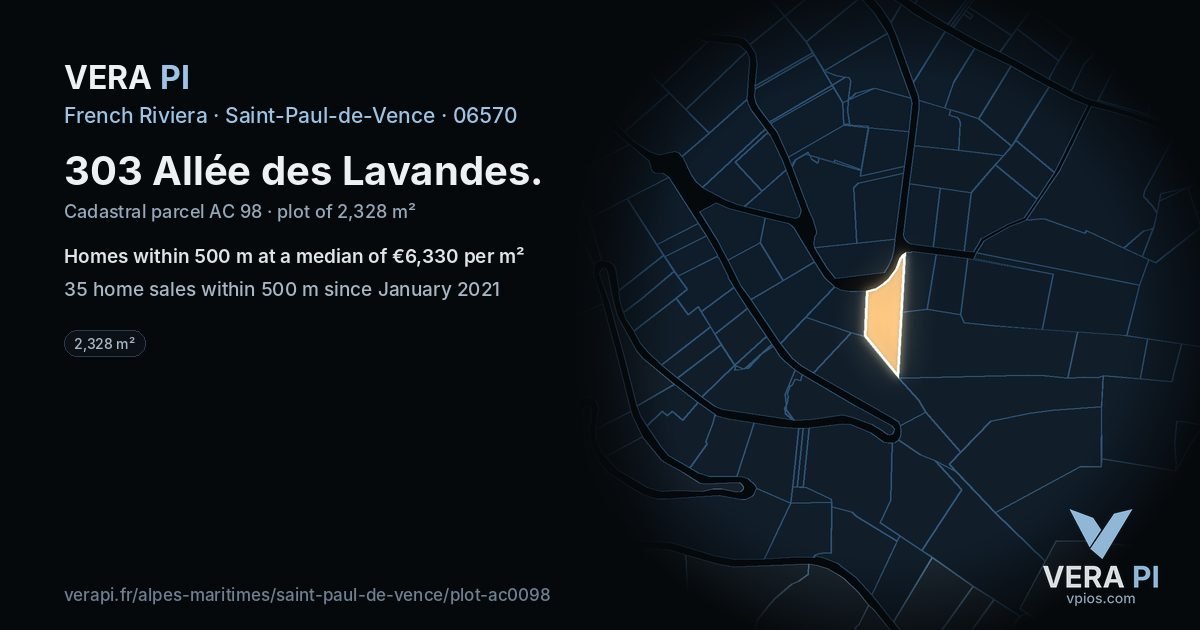 303 Allée des Lavandes, Saint-Paul-de-Vence at night – the plot lit, the parcels around coloured by the prices near them