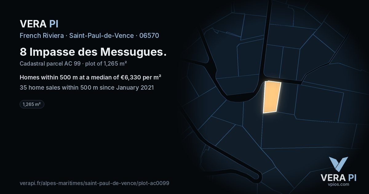 8 Impasse des Messugues, Saint-Paul-de-Vence at night – the plot lit, the parcels around coloured by the prices near them