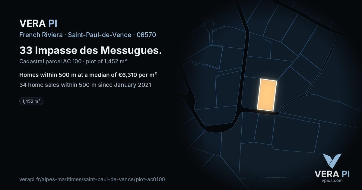 33 Impasse des Messugues, Saint-Paul-de-Vence at night – the plot lit, the parcels around coloured by the prices near them
