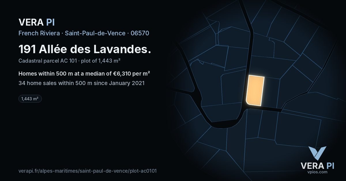 191 Allée des Lavandes, Saint-Paul-de-Vence at night – the plot lit, the parcels around coloured by the prices near them