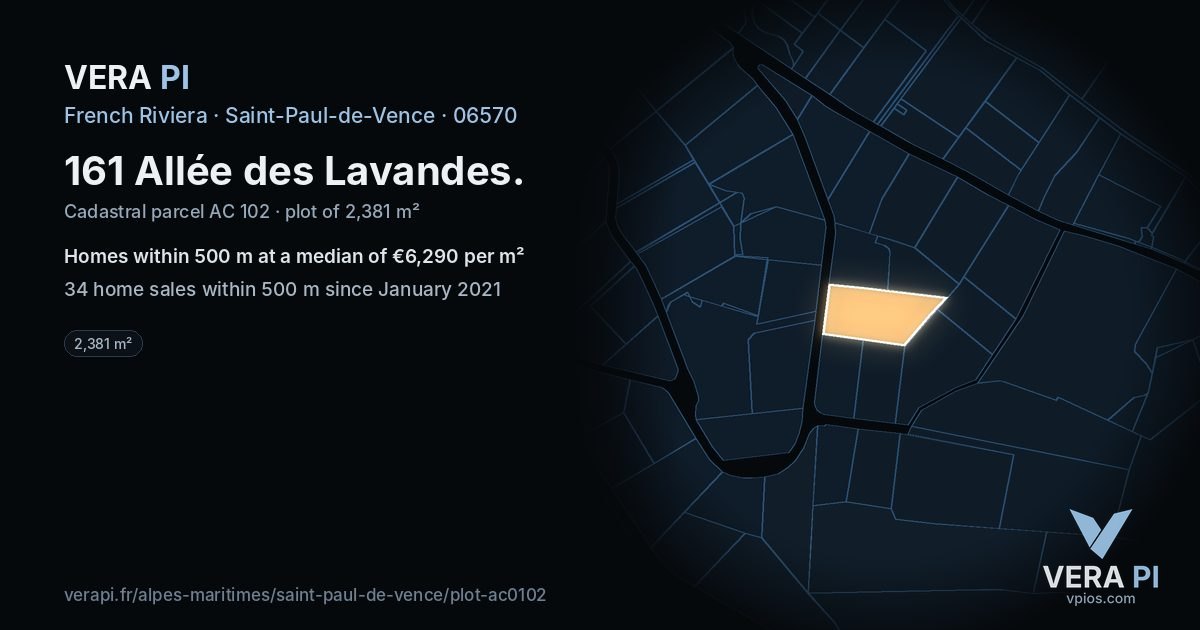 161 Allée des Lavandes, Saint-Paul-de-Vence at night – the plot lit, the parcels around coloured by the prices near them
