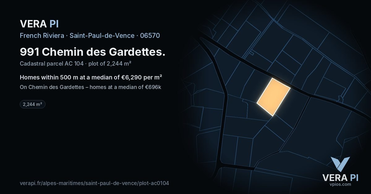 991 Chemin des Gardettes, Saint-Paul-de-Vence at night – the plot lit, the parcels around coloured by the prices near them