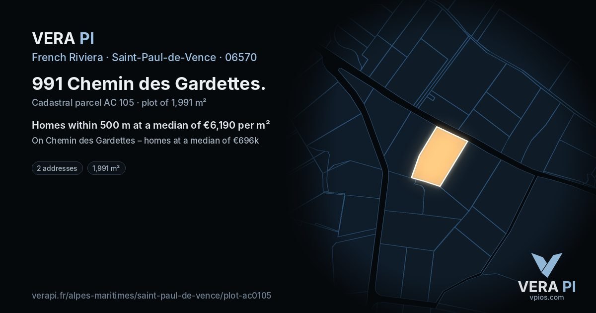 991 Chemin des Gardettes, Saint-Paul-de-Vence at night – the plot lit, the parcels around coloured by the prices near them