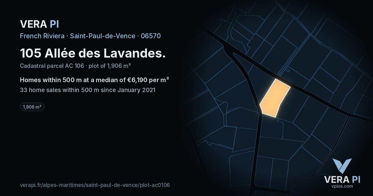 105 Allée des Lavandes, Saint-Paul-de-Vence at night – the plot lit, the parcels around coloured by the prices near them
