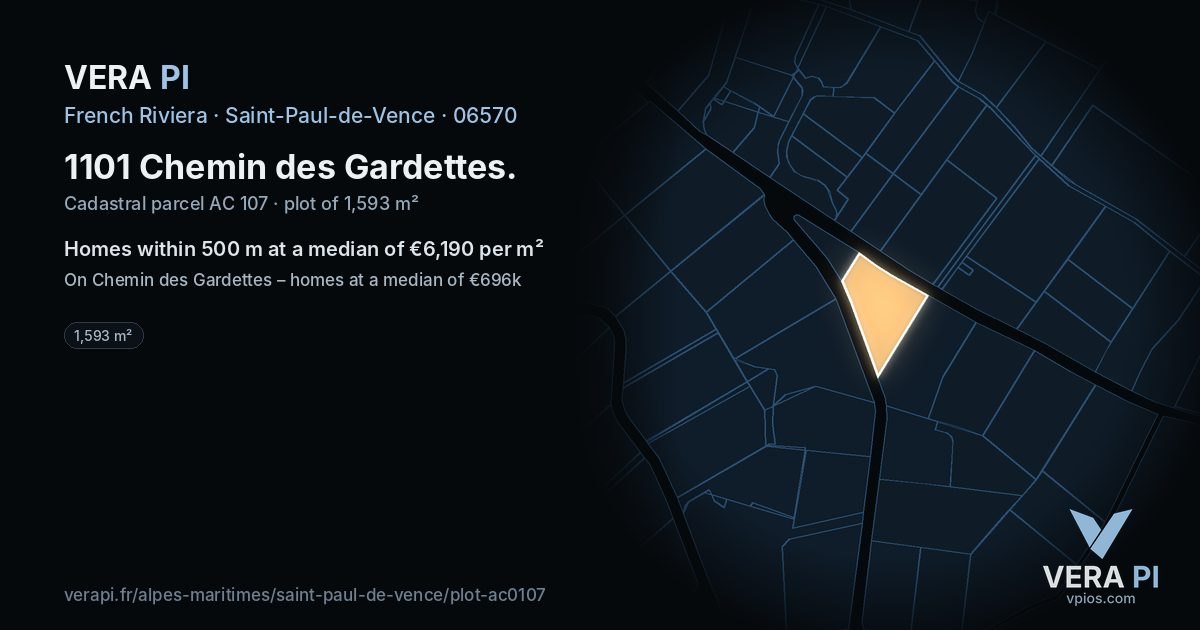 1101 Chemin des Gardettes, Saint-Paul-de-Vence at night – the plot lit, the parcels around coloured by the prices near them