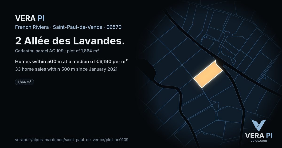 2 Allée des Lavandes, Saint-Paul-de-Vence at night – the plot lit, the parcels around coloured by the prices near them
