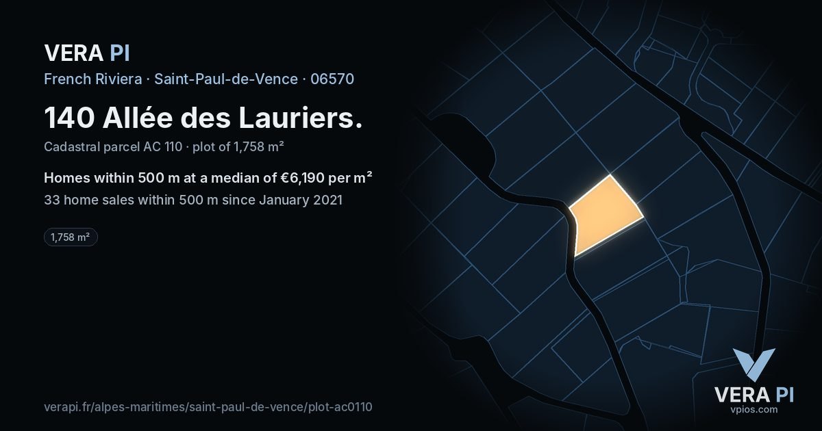 140 Allée des Lauriers, Saint-Paul-de-Vence at night – the plot lit, the parcels around coloured by the prices near them