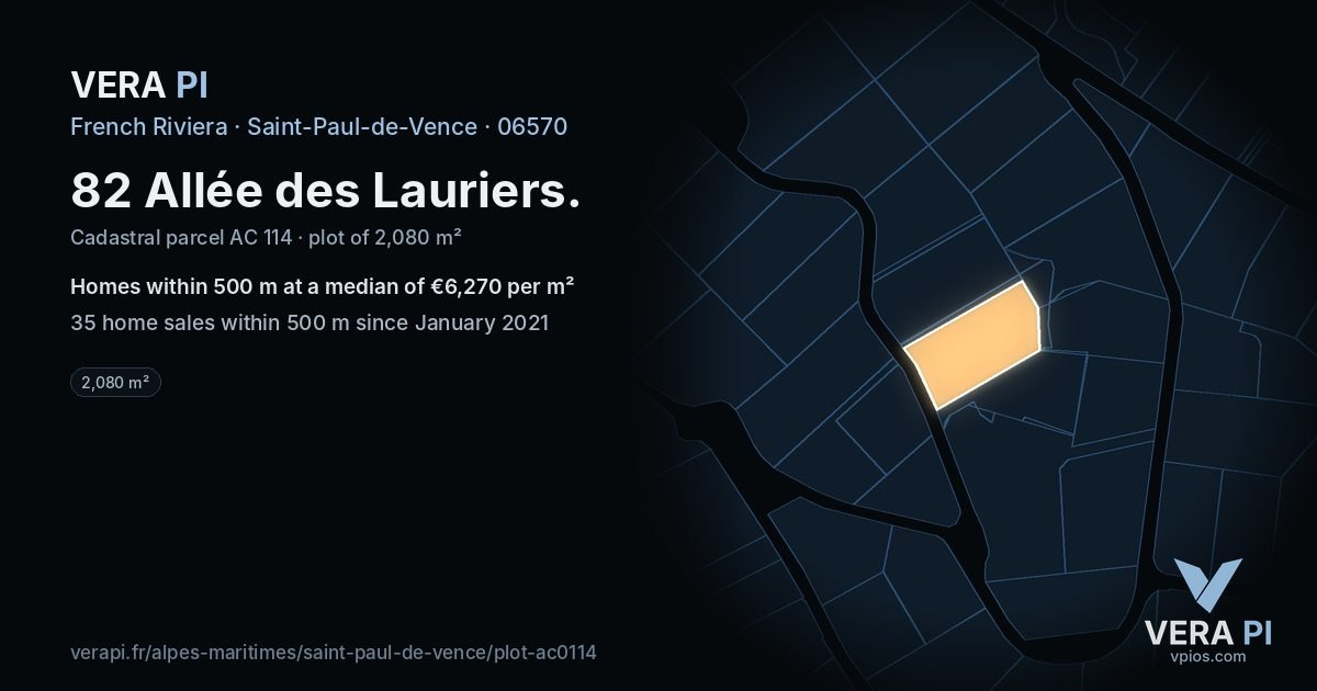 82 Allée des Lauriers, Saint-Paul-de-Vence at night – the plot lit, the parcels around coloured by the prices near them