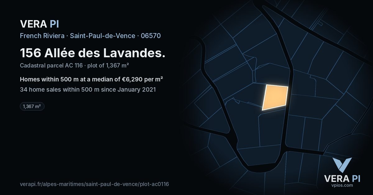 156 Allée des Lavandes, Saint-Paul-de-Vence at night – the plot lit, the parcels around coloured by the prices near them