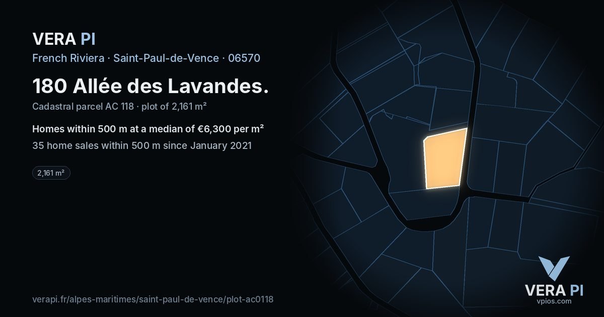 180 Allée des Lavandes, Saint-Paul-de-Vence at night – the plot lit, the parcels around coloured by the prices near them
