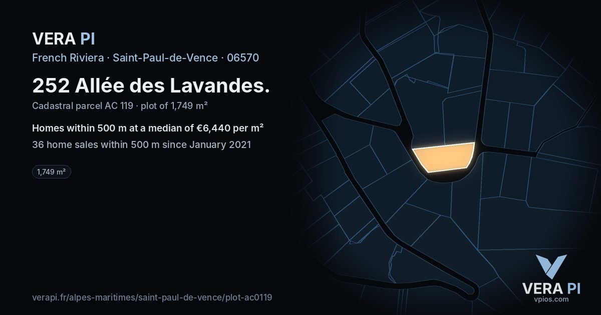 252 Allée des Lavandes, Saint-Paul-de-Vence at night – the plot lit, the parcels around coloured by the prices near them