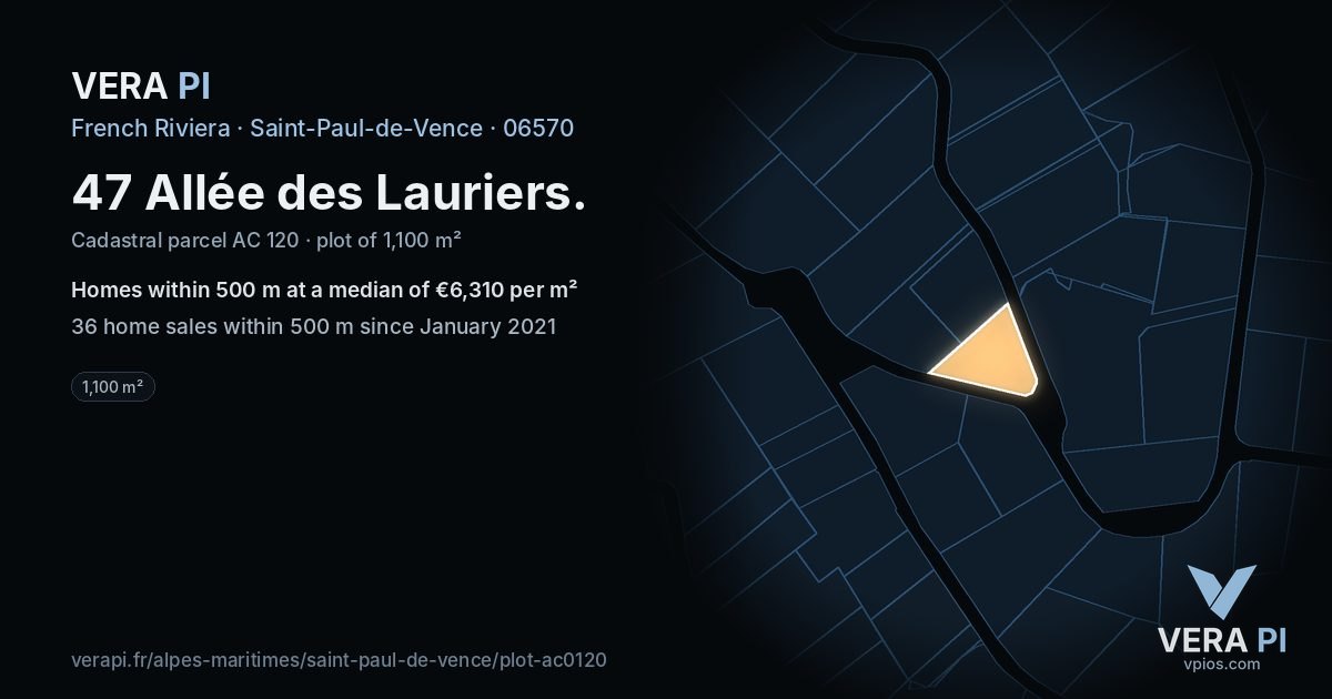 47 Allée des Lauriers, Saint-Paul-de-Vence at night – the plot lit, the parcels around coloured by the prices near them