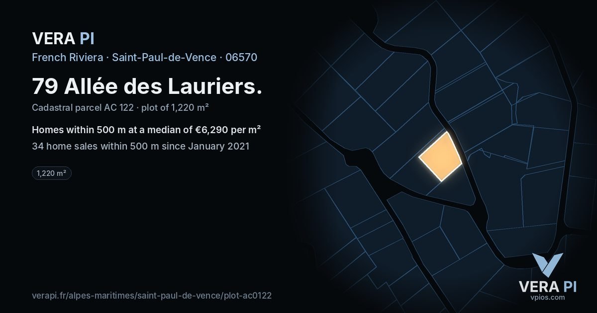 79 Allée des Lauriers, Saint-Paul-de-Vence at night – the plot lit, the parcels around coloured by the prices near them