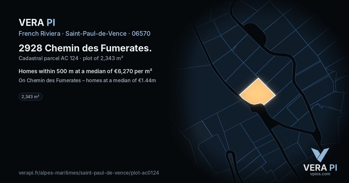 2928 Chemin des Fumerates, Saint-Paul-de-Vence at night – the plot lit, the parcels around coloured by the prices near them