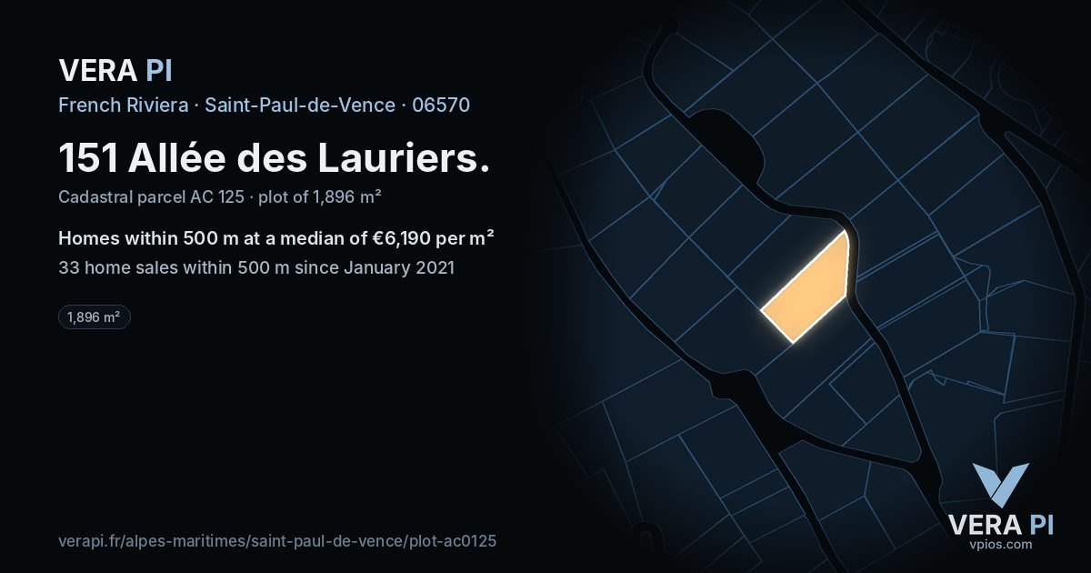 151 Allée des Lauriers, Saint-Paul-de-Vence at night – the plot lit, the parcels around coloured by the prices near them