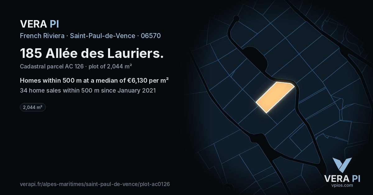 185 Allée des Lauriers, Saint-Paul-de-Vence at night – the plot lit, the parcels around coloured by the prices near them