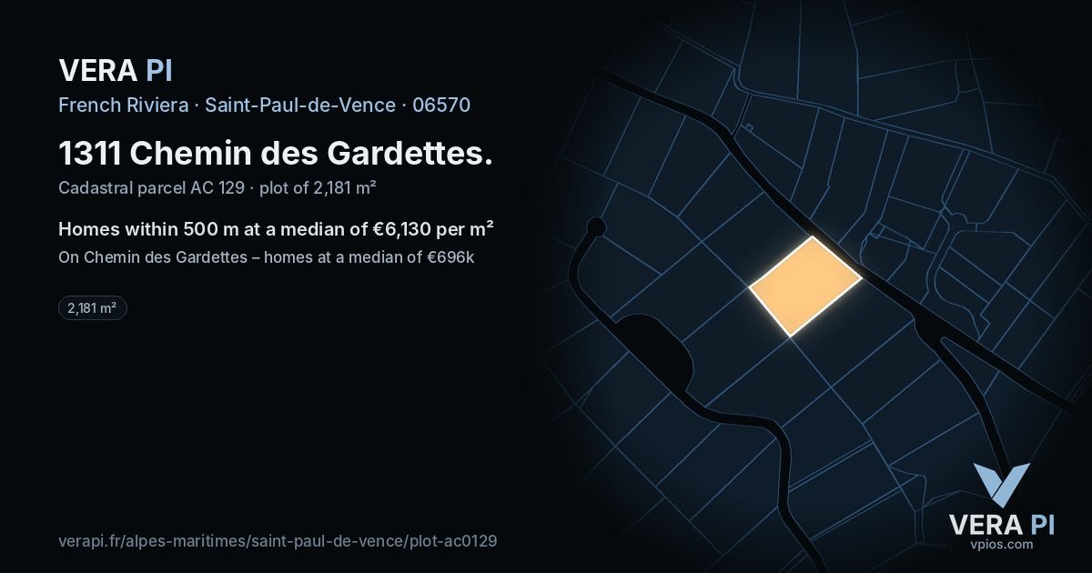 1311 Chemin des Gardettes, Saint-Paul-de-Vence at night – the plot lit, the parcels around coloured by the prices near them