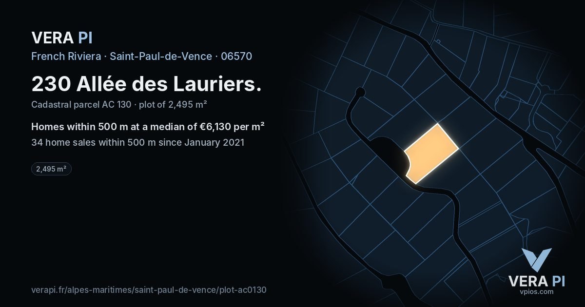 230 Allée des Lauriers, Saint-Paul-de-Vence at night – the plot lit, the parcels around coloured by the prices near them