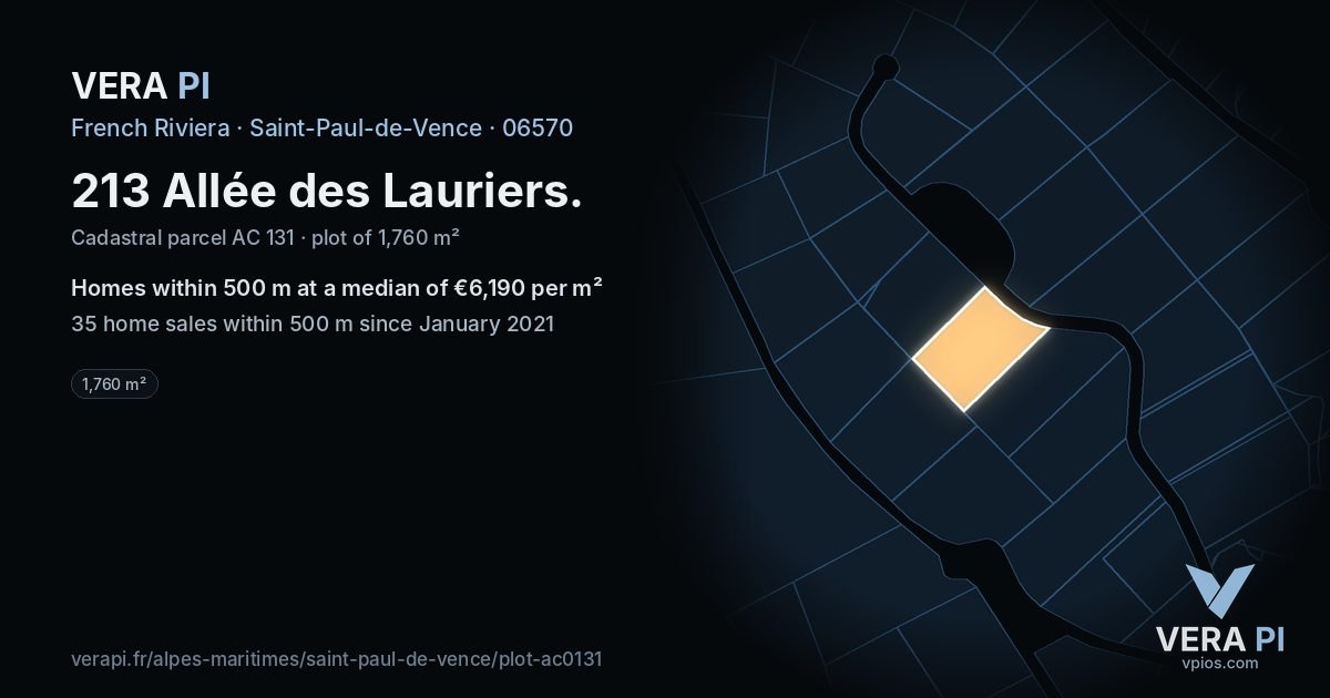 213 Allée des Lauriers, Saint-Paul-de-Vence at night – the plot lit, the parcels around coloured by the prices near them