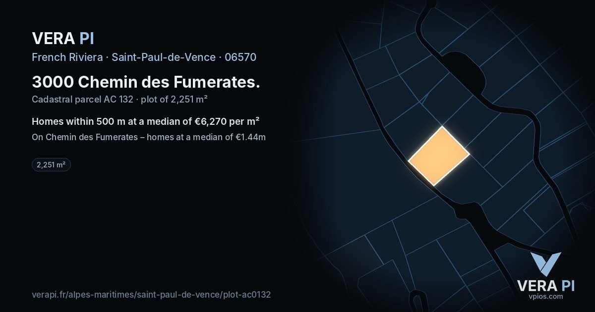 3000 Chemin des Fumerates, Saint-Paul-de-Vence at night – the plot lit, the parcels around coloured by the prices near them