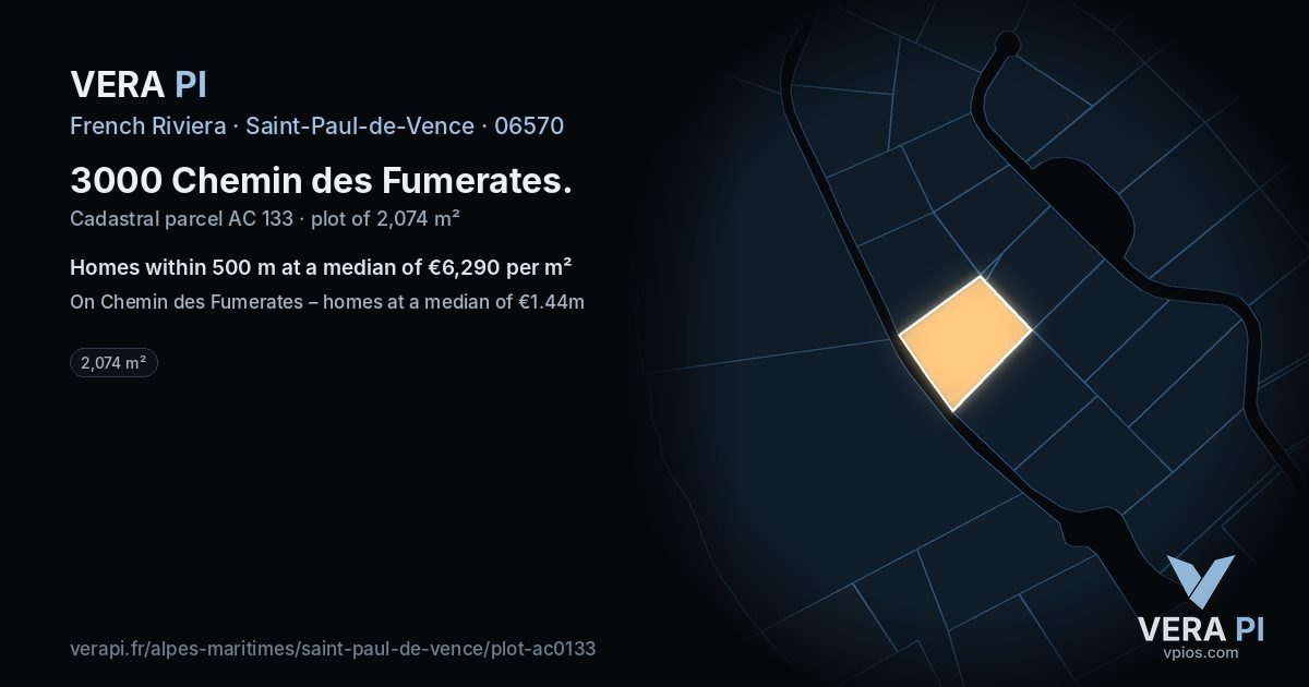 3000 Chemin des Fumerates, Saint-Paul-de-Vence at night – the plot lit, the parcels around coloured by the prices near them