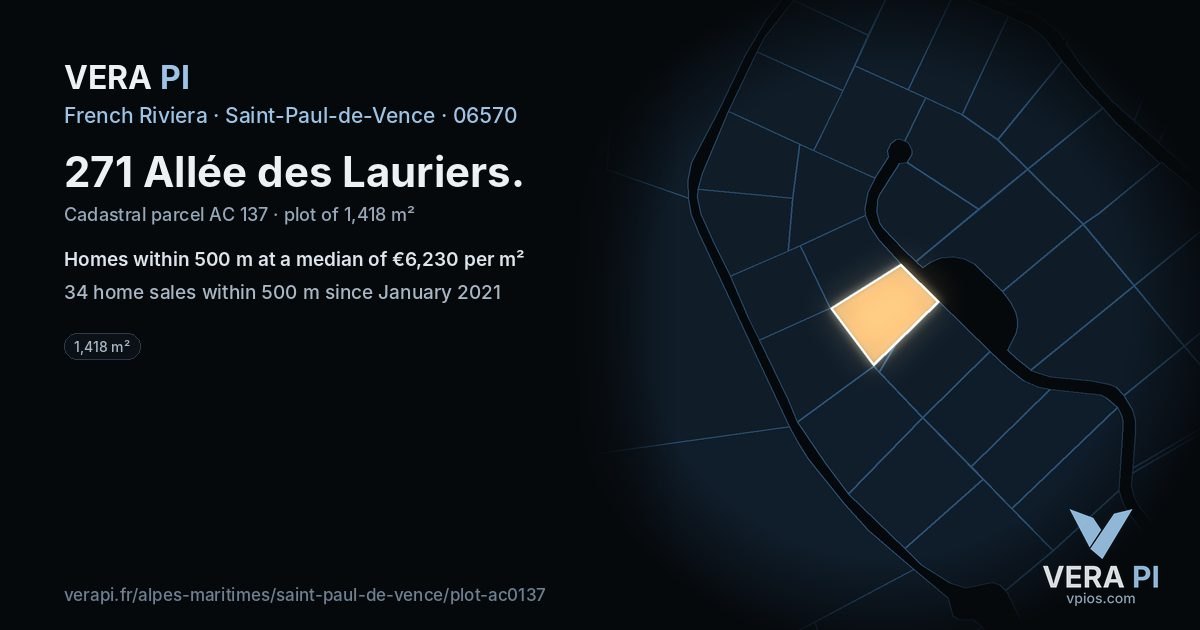 271 Allée des Lauriers, Saint-Paul-de-Vence at night – the plot lit, the parcels around coloured by the prices near them