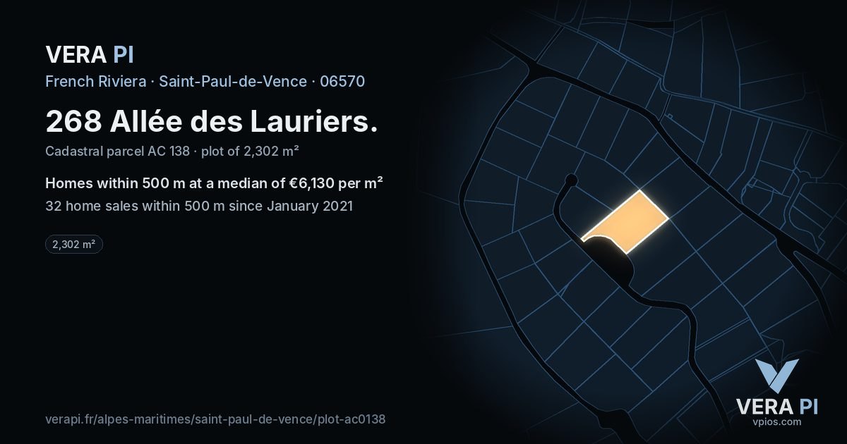 268 Allée des Lauriers, Saint-Paul-de-Vence at night – the plot lit, the parcels around coloured by the prices near them