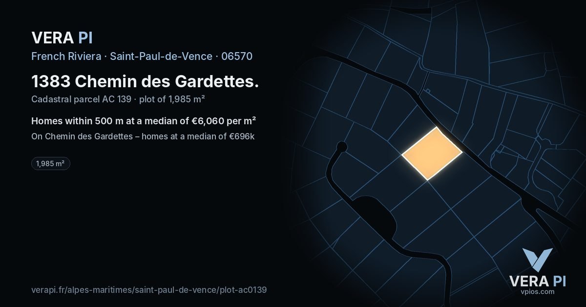 1383 Chemin des Gardettes, Saint-Paul-de-Vence at night – the plot lit, the parcels around coloured by the prices near them