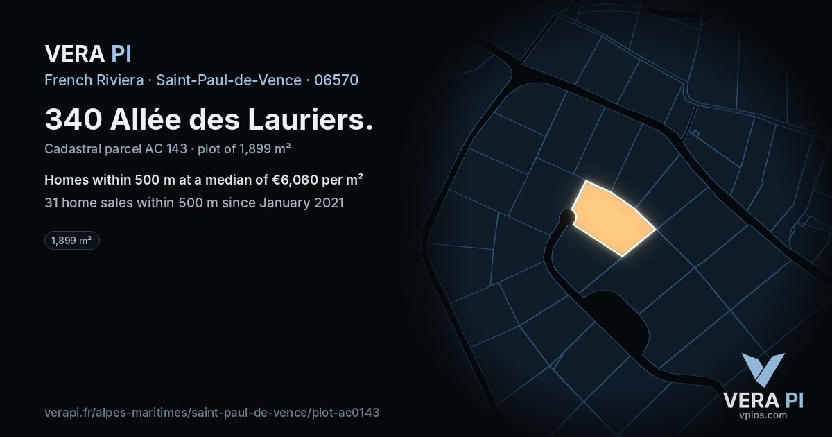 340 Allée des Lauriers, Saint-Paul-de-Vence at night – the plot lit, the parcels around coloured by the prices near them