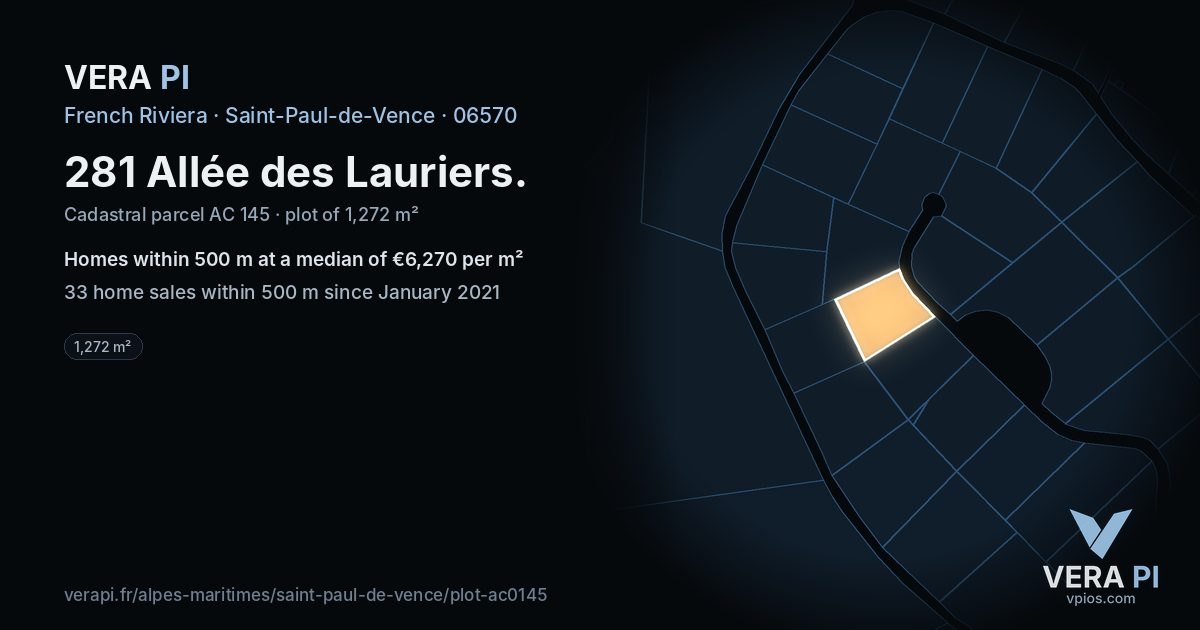 281 Allée des Lauriers, Saint-Paul-de-Vence at night – the plot lit, the parcels around coloured by the prices near them