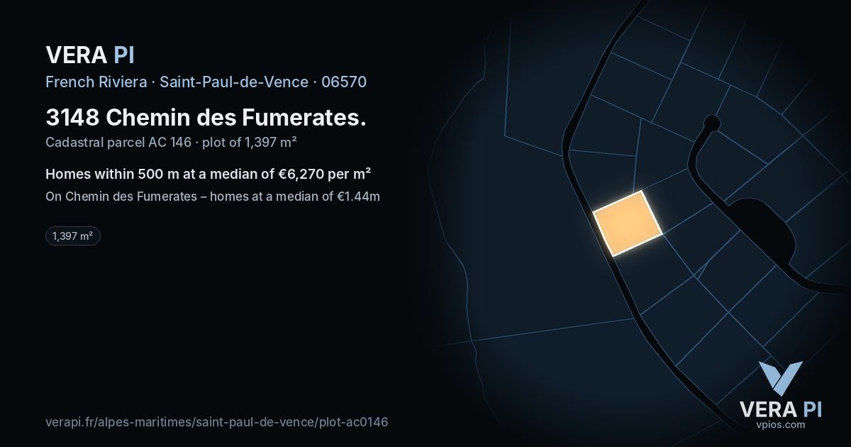 3148 Chemin des Fumerates, Saint-Paul-de-Vence at night – the plot lit, the parcels around coloured by the prices near them