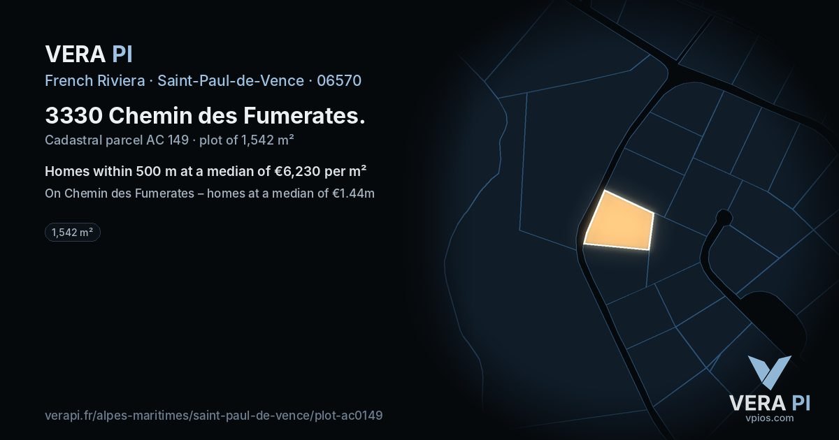 3330 Chemin des Fumerates, Saint-Paul-de-Vence at night – the plot lit, the parcels around coloured by the prices near them