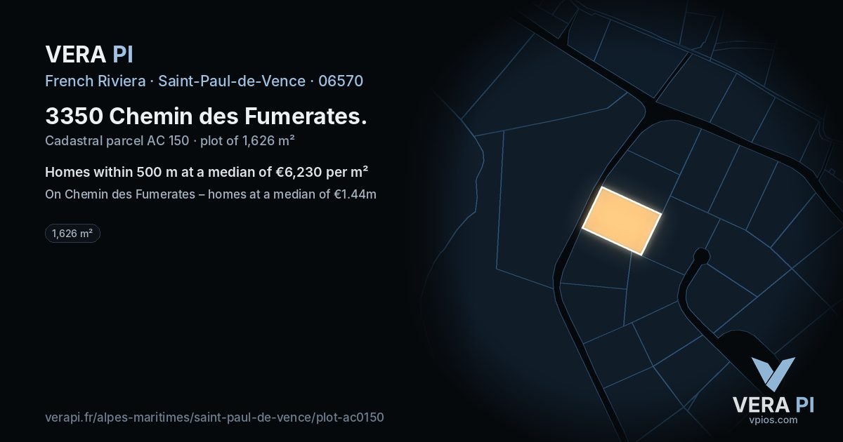 3350 Chemin des Fumerates, Saint-Paul-de-Vence at night – the plot lit, the parcels around coloured by the prices near them