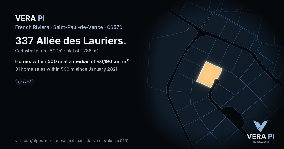 337 Allée des Lauriers, Saint-Paul-de-Vence at night – the plot lit, the parcels around coloured by the prices near them