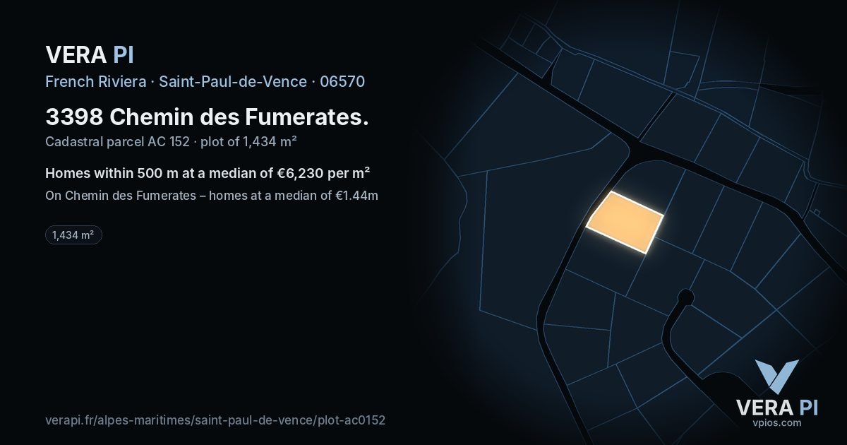 3398 Chemin des Fumerates, Saint-Paul-de-Vence at night – the plot lit, the parcels around coloured by the prices near them