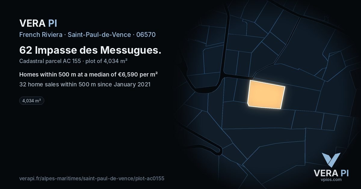 62 Impasse des Messugues, Saint-Paul-de-Vence at night – the plot lit, the parcels around coloured by the prices near them