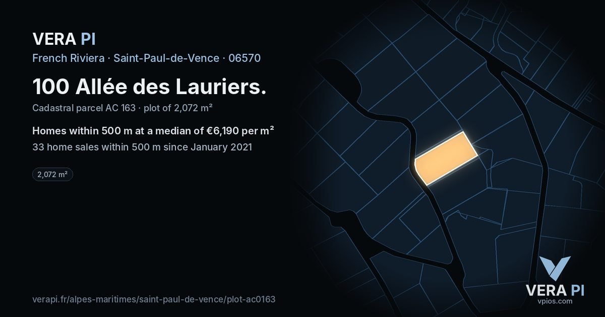 100 Allée des Lauriers, Saint-Paul-de-Vence at night – the plot lit, the parcels around coloured by the prices near them