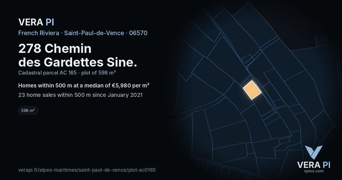 278 Chemin des Gardettes Sine, Saint-Paul-de-Vence at night – the plot lit, the parcels around coloured by the prices near them