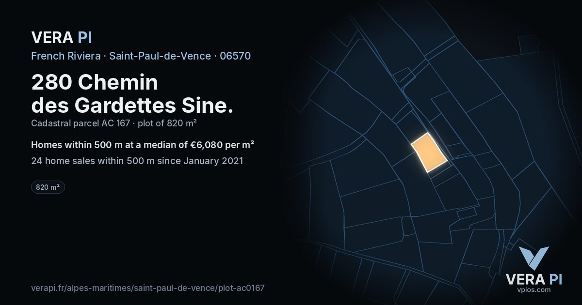 280 Chemin des Gardettes Sine, Saint-Paul-de-Vence at night – the plot lit, the parcels around coloured by the prices near them