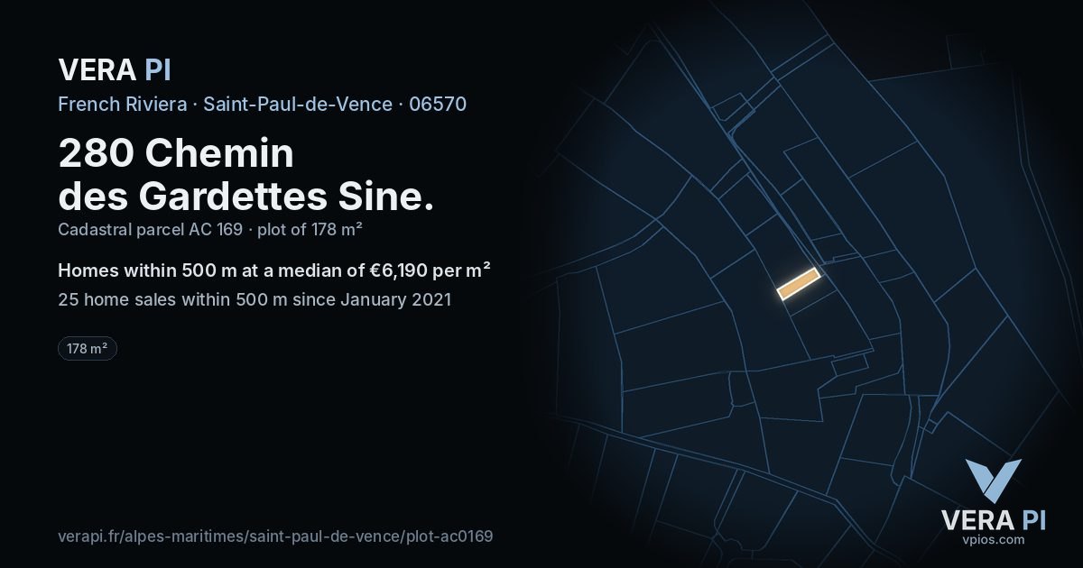 280 Chemin des Gardettes Sine, Saint-Paul-de-Vence at night – the plot lit, the parcels around coloured by the prices near them